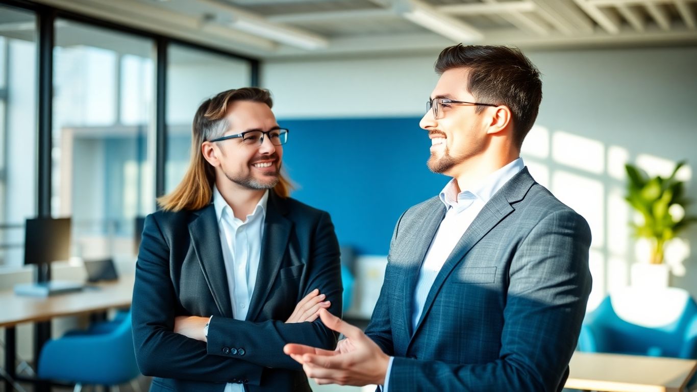 Wertschätzung und Motivation: Wie wir für eine positive Arbeitskultur sorgen Zwei Personen im Gespräch in einem modernen Büro.