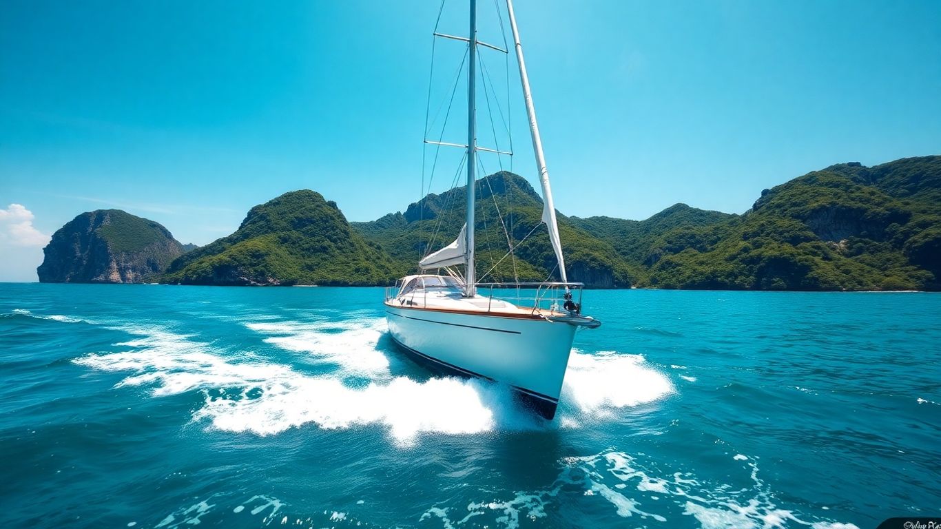 Sailboat on turquoise water near green islands.