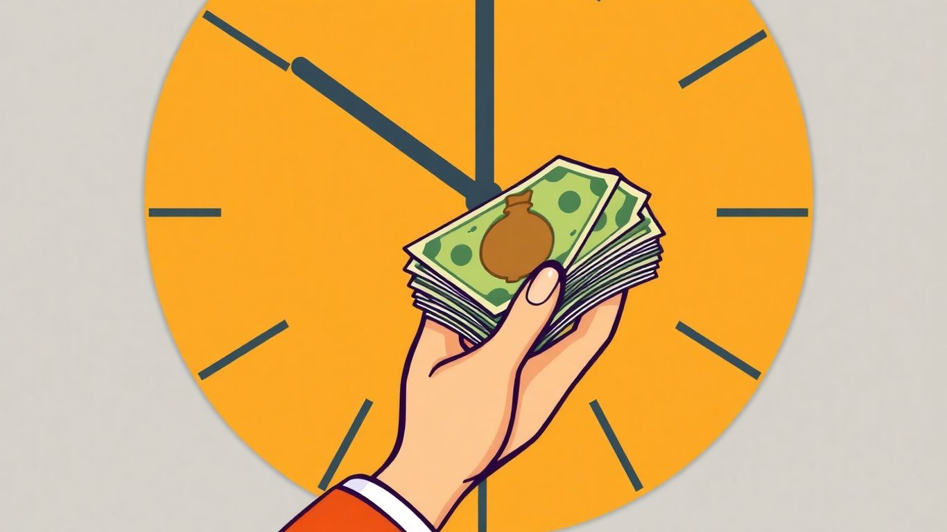 Cartoon hand receiving cash with clock background.