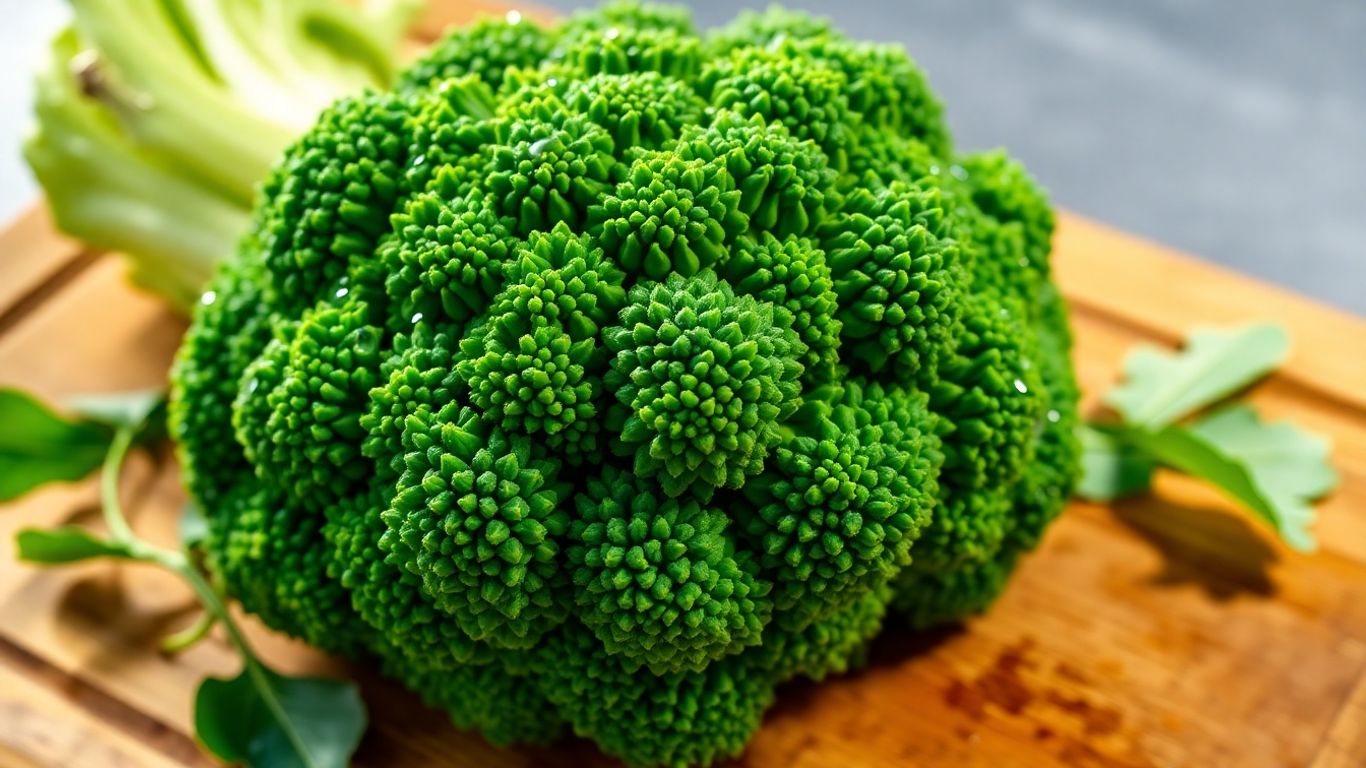 Fresh broccoli head on a wooden cutting board.