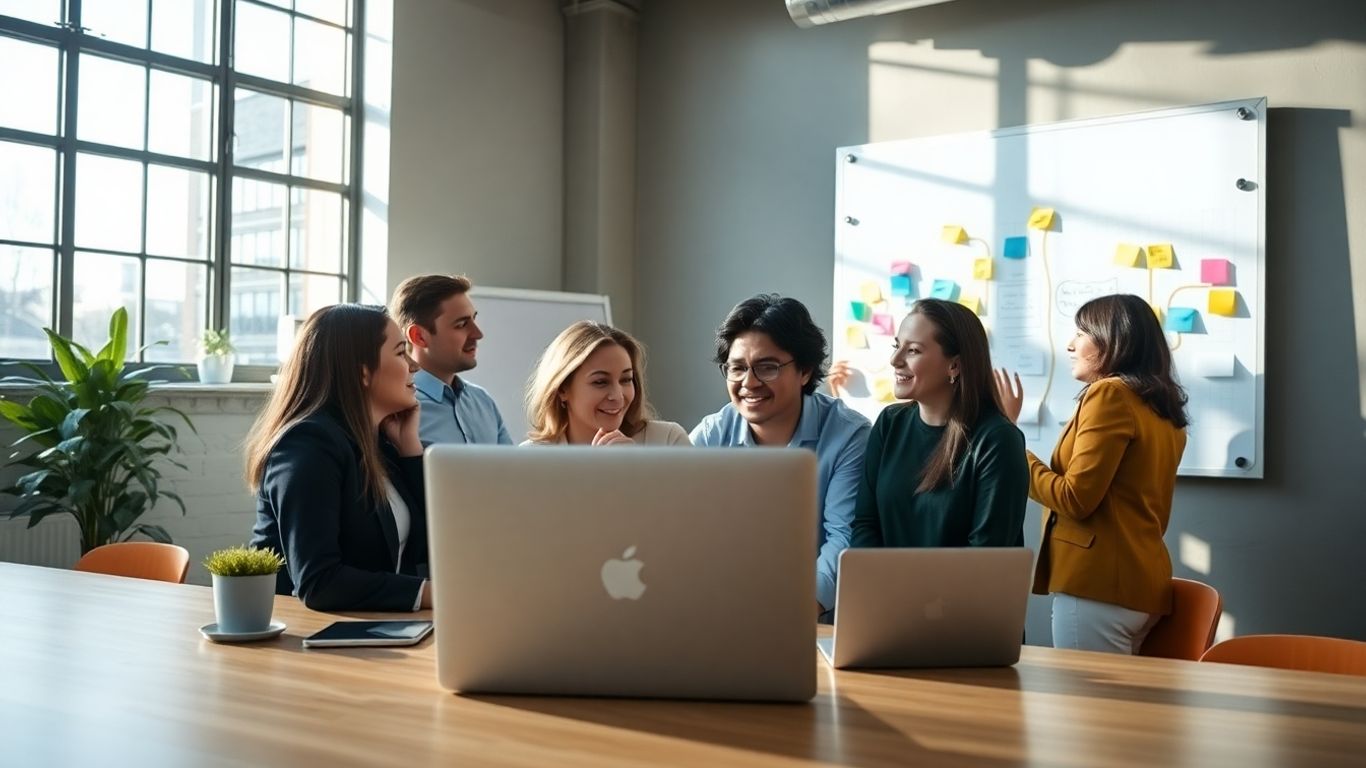 Team collaborating on a laptop in a modern office.