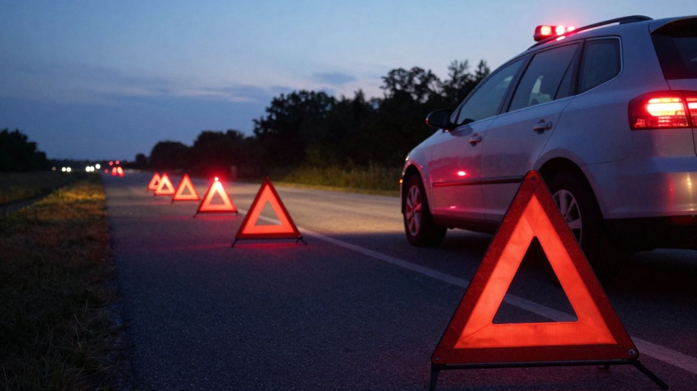 Car with emergency flares and road triangle on roadside.