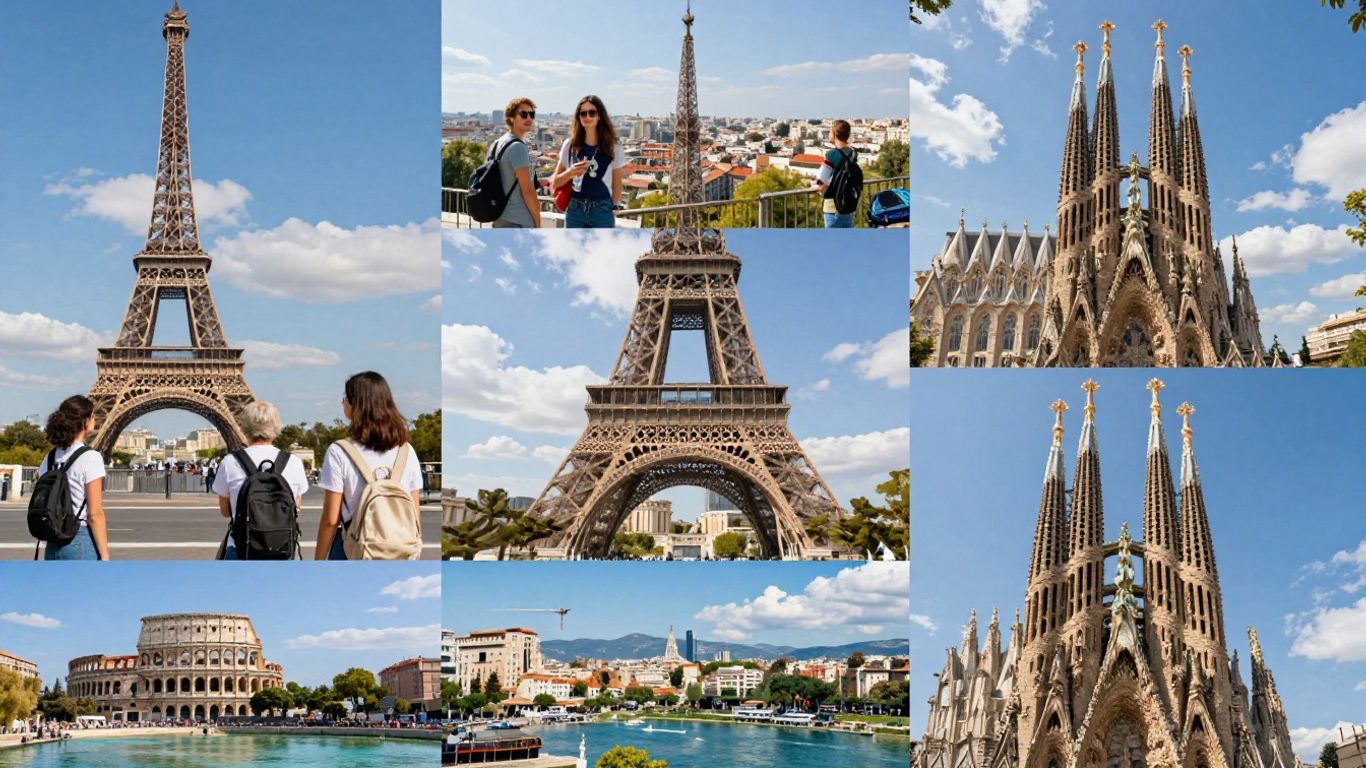 European landmarks and diverse travelers exploring destinations.