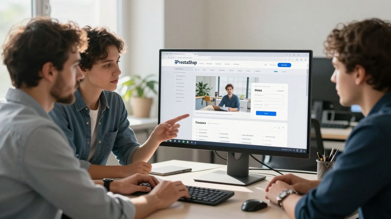Équipe travaillant sur un site PrestaShop dans un bureau moderne.