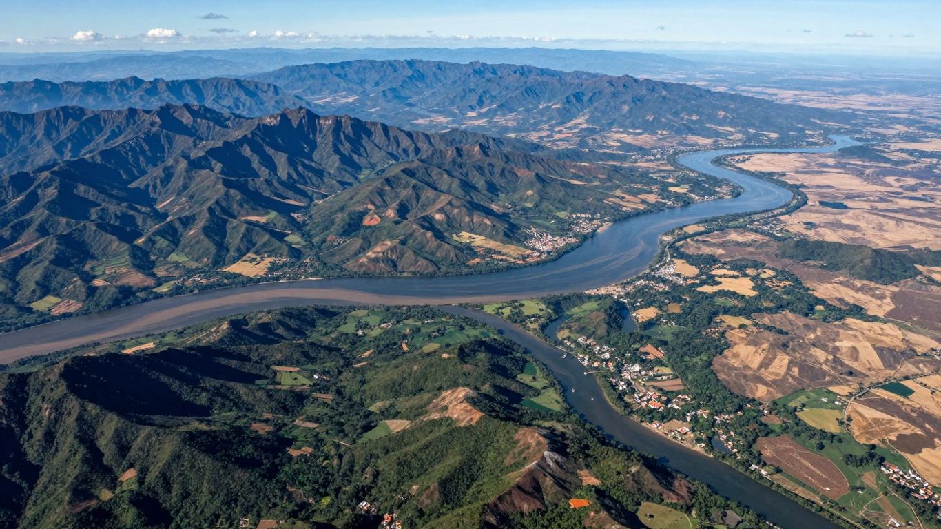 Mapa físico de América del Sur con ríos y relieve.