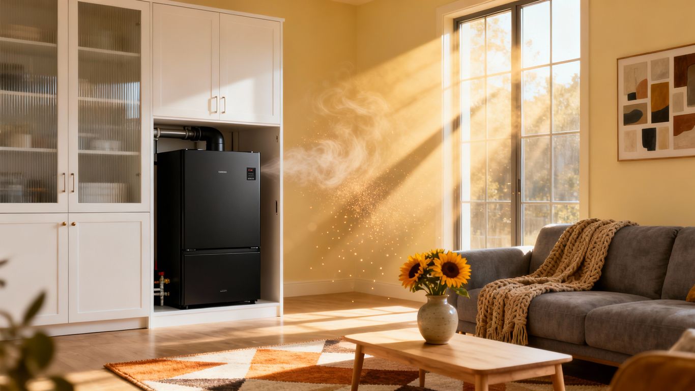 Modern furnace unit in a cozy home interior.