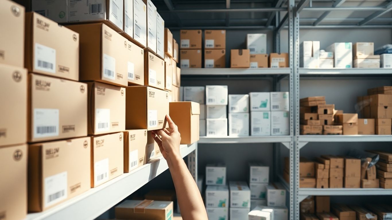 Ecommerce supplier inventory management on warehouse shelves.