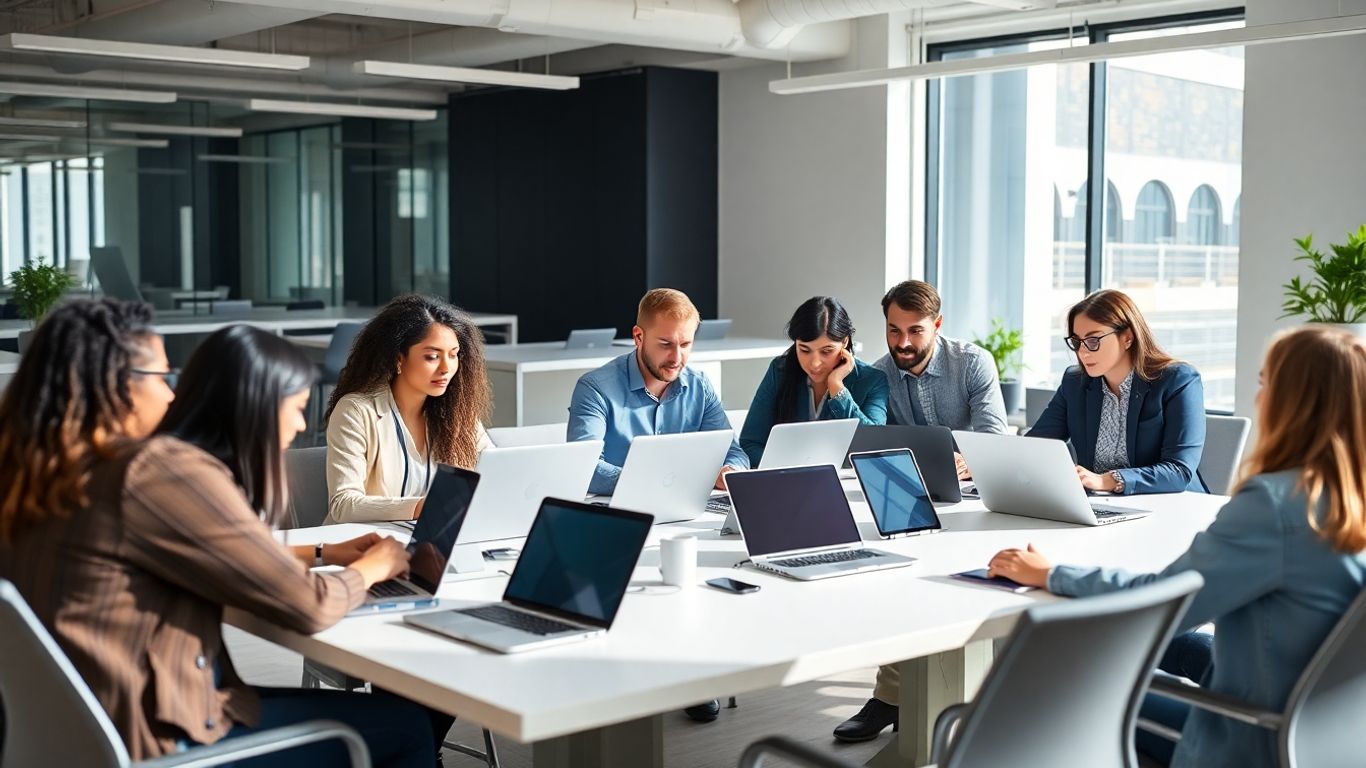 Business team working together at a modern office table.