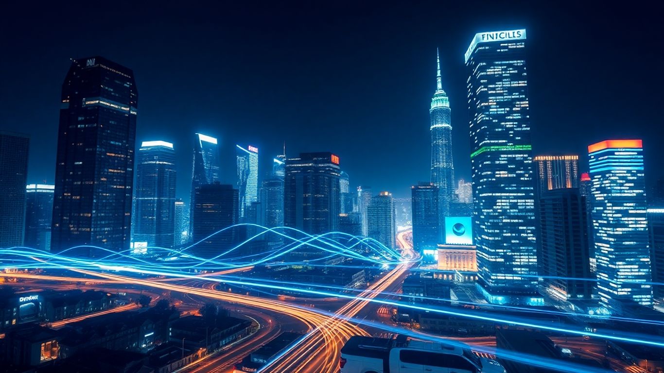 Financial pathways connecting city buildings with light trails.