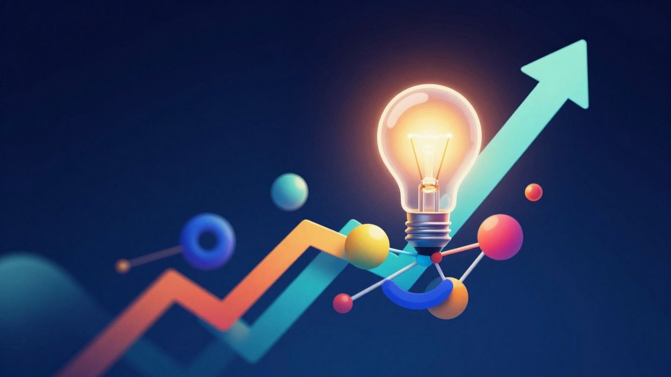 Upward trending arrows and glowing light bulb.