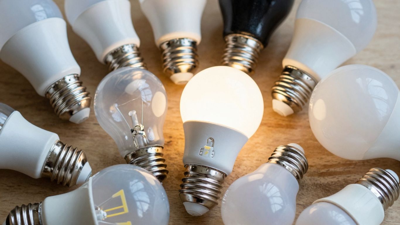 Various dimmable light bulbs on a wooden surface.