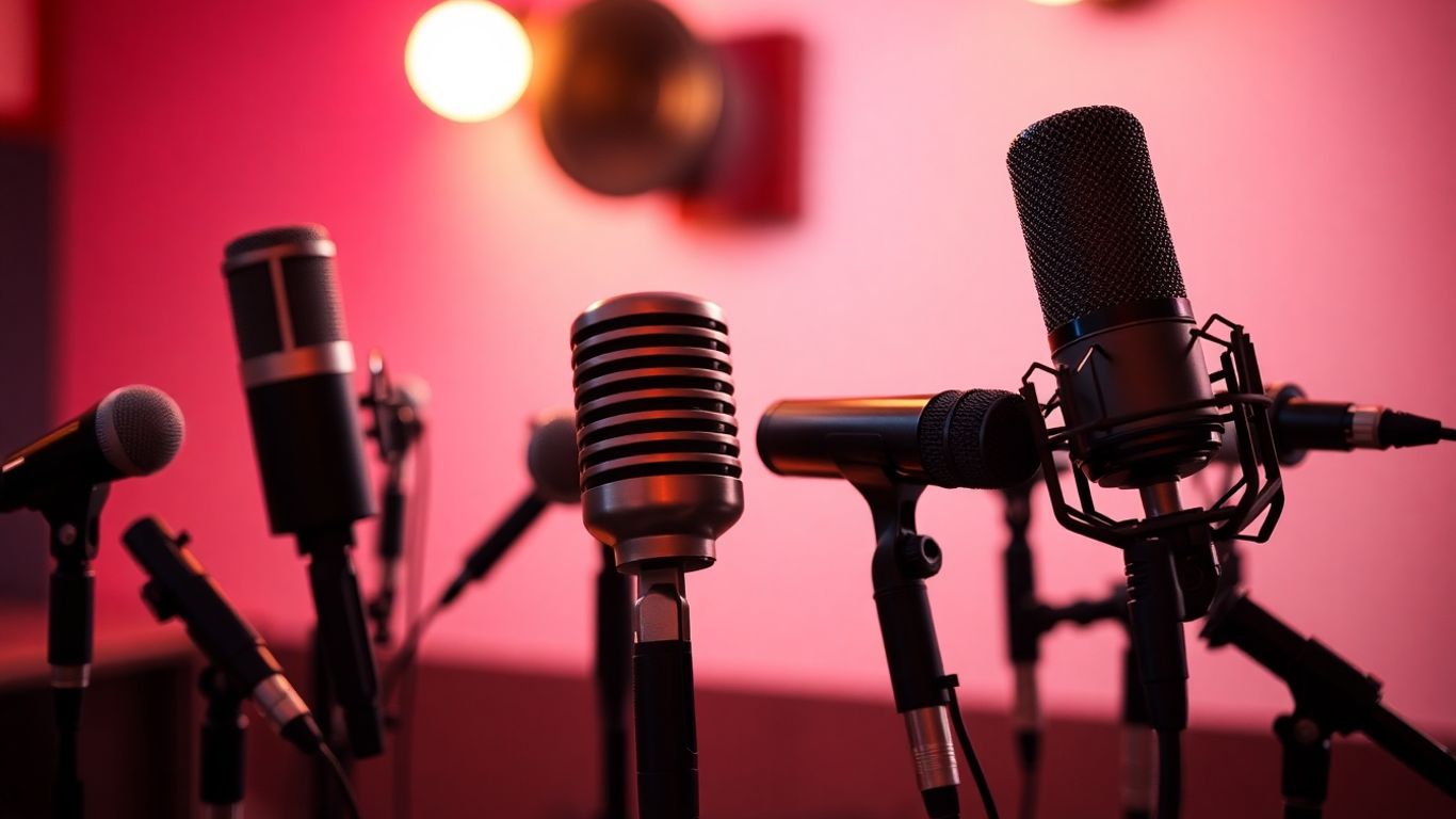 Micrófonos de podcast en un arreglo creativo.