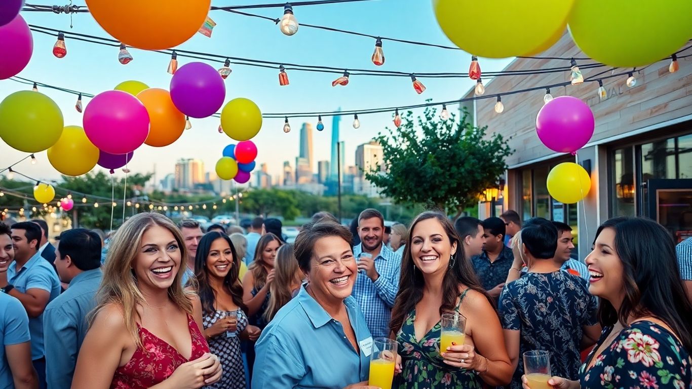 Dallas celebration with balloons and skyline.