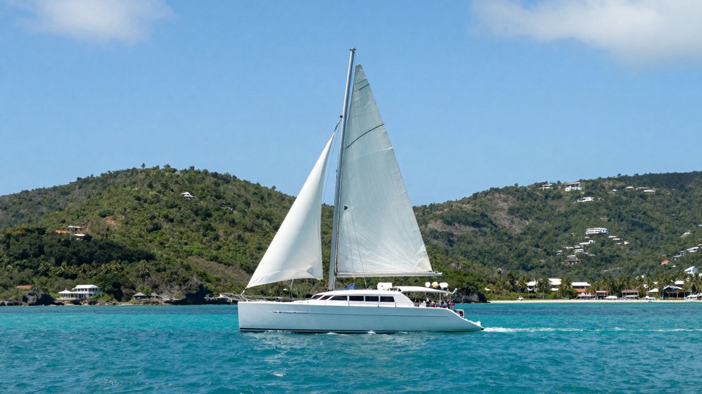 Catamaran sailing in clear blue waters of BVI