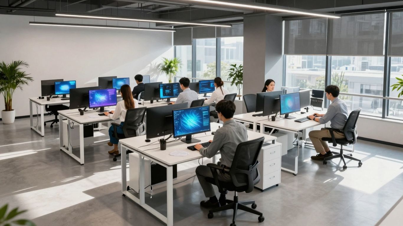 Oameni care lucrează cu tehnologie într-un birou modern.