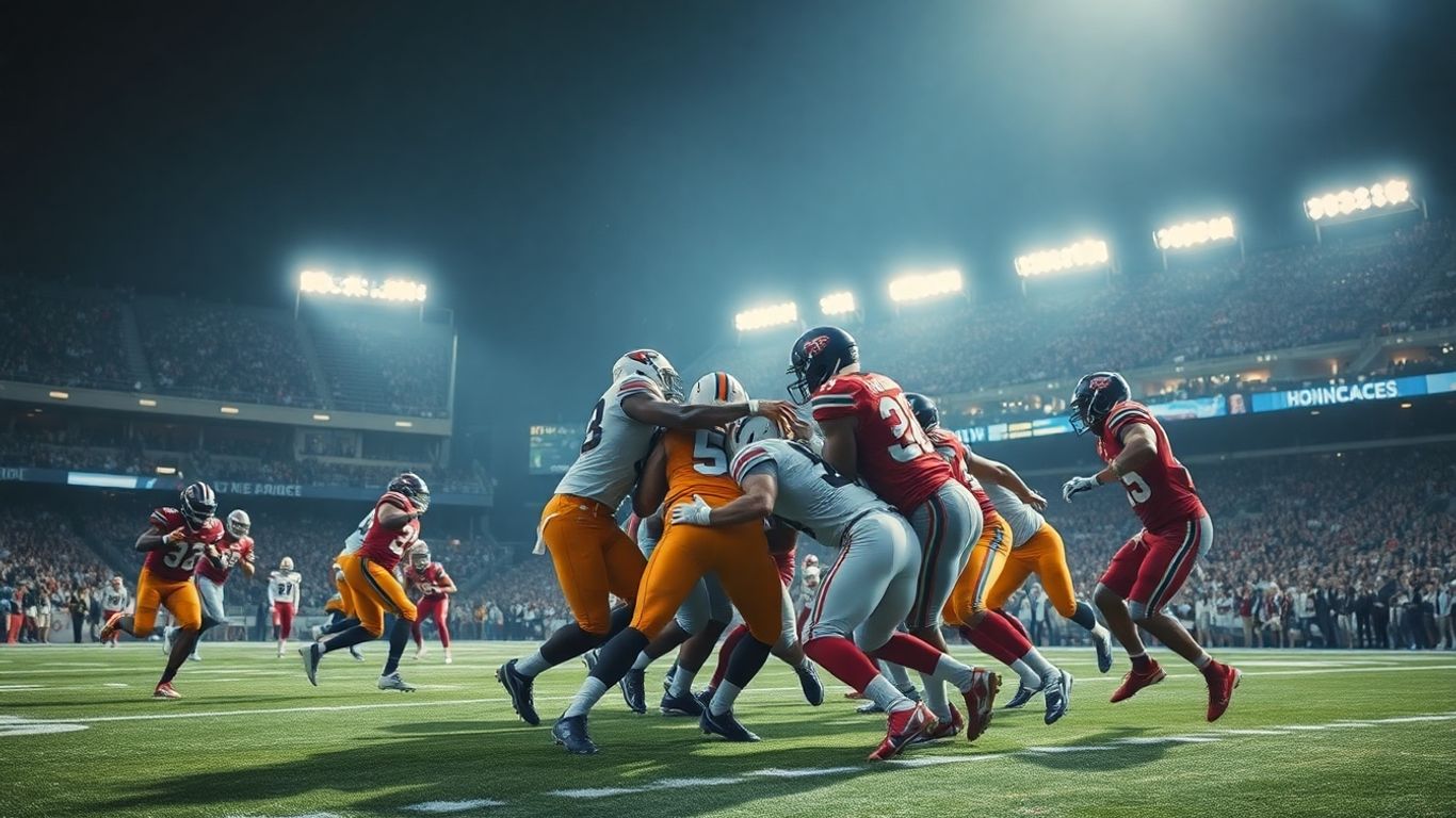 Football players in action during a game.