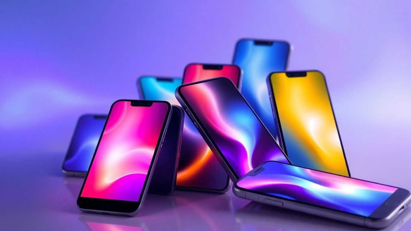 Celulares modernos com telas brilhantes em fundo futurista.