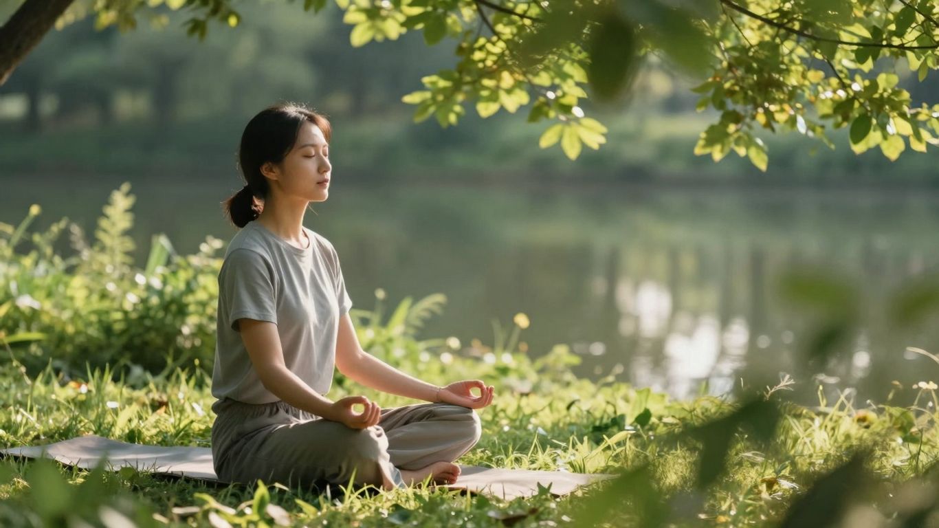 Persoană meditând în natură, reflectând pace și echilibru.