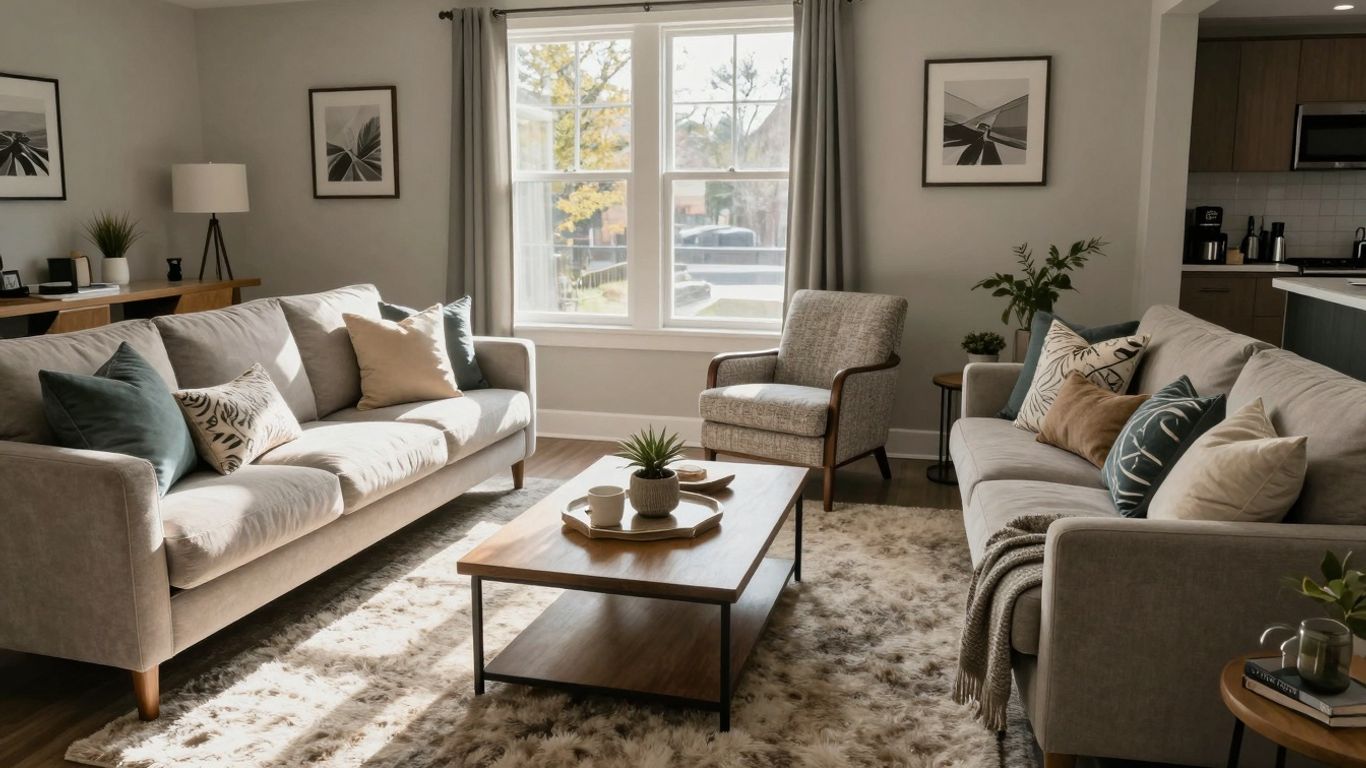 Stylish furniture in a modern Denver Airbnb living room.