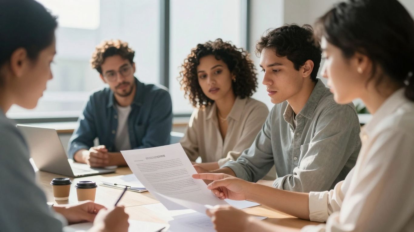 People discussing insurance policy documents