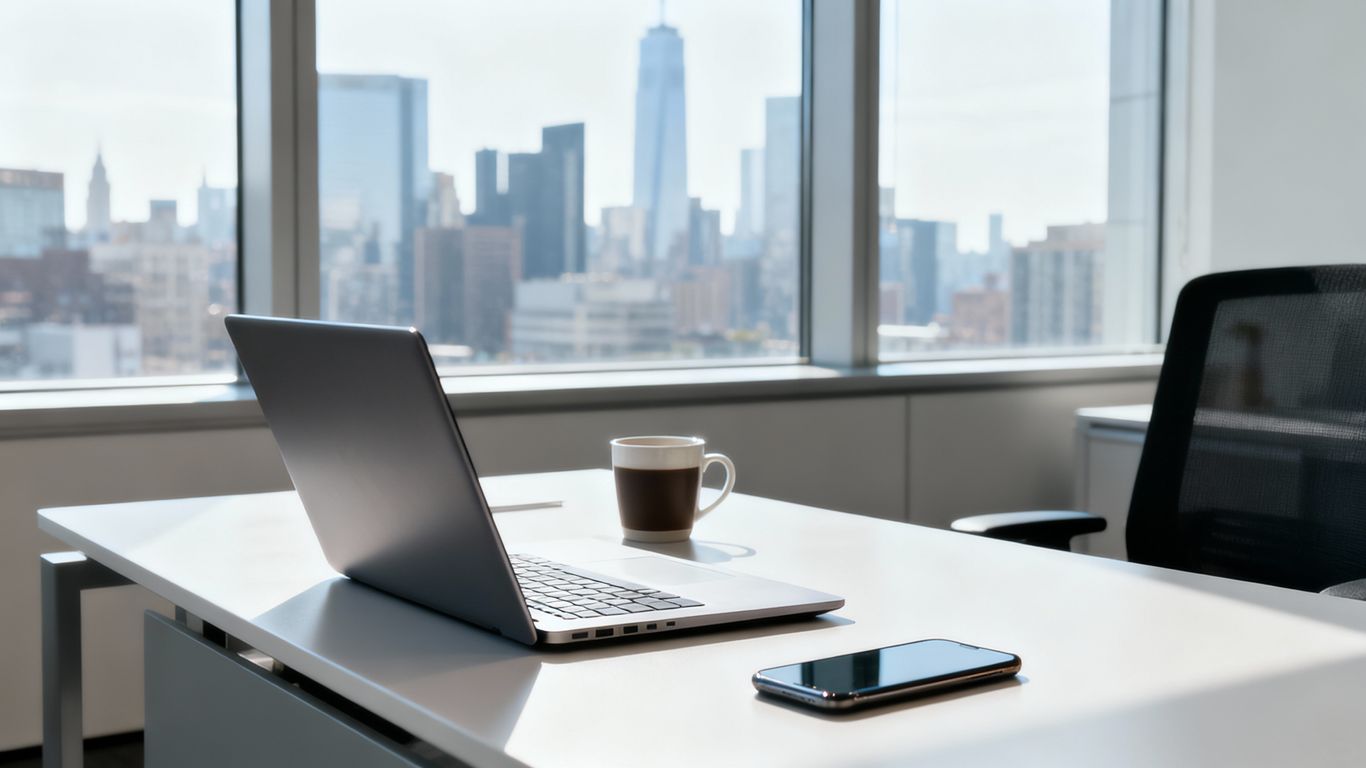 Laptop and coffee mug on desk in bright office