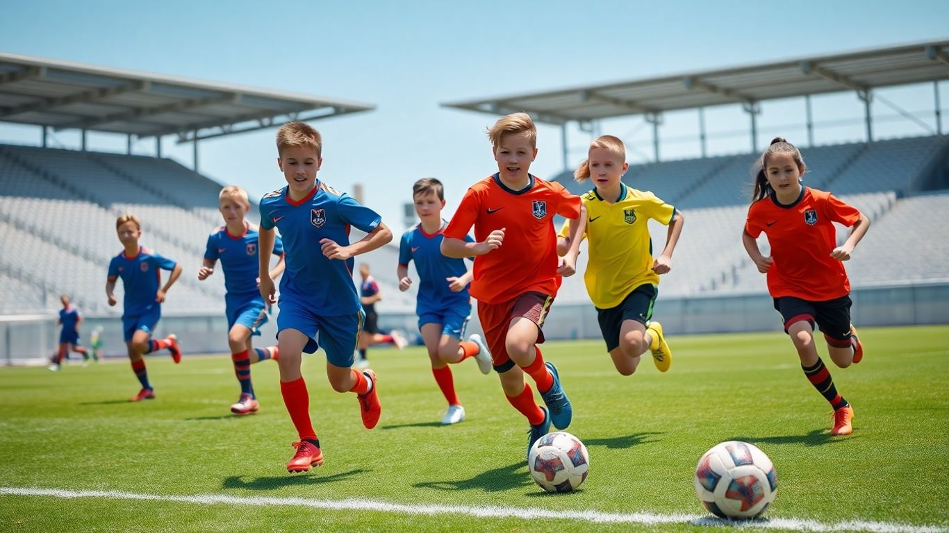 Young footballers training on a sunny pitch