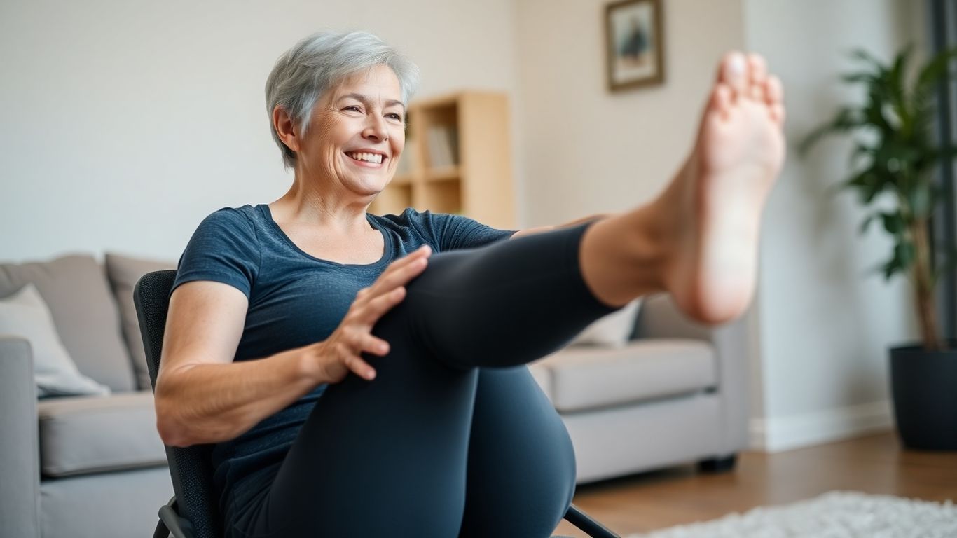 Senior woman doing chair exercises for belly fat.