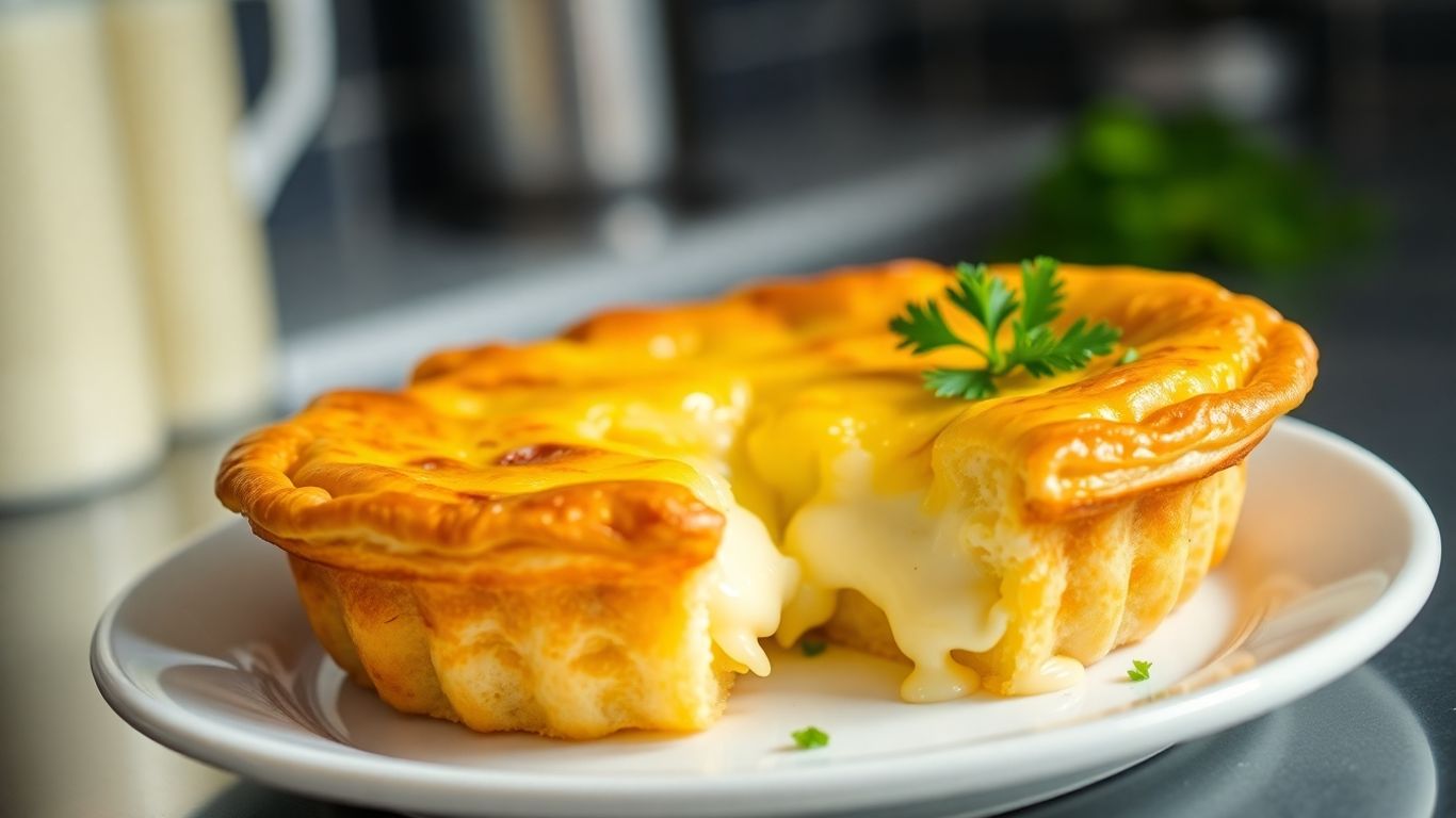 Golden kaassoufflé with oozing cheese on a plate.