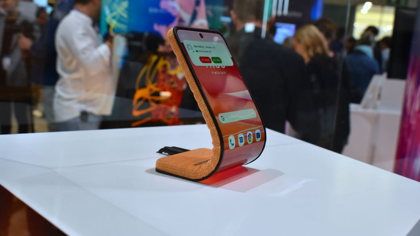Curved smartphone displayed at an exhibition