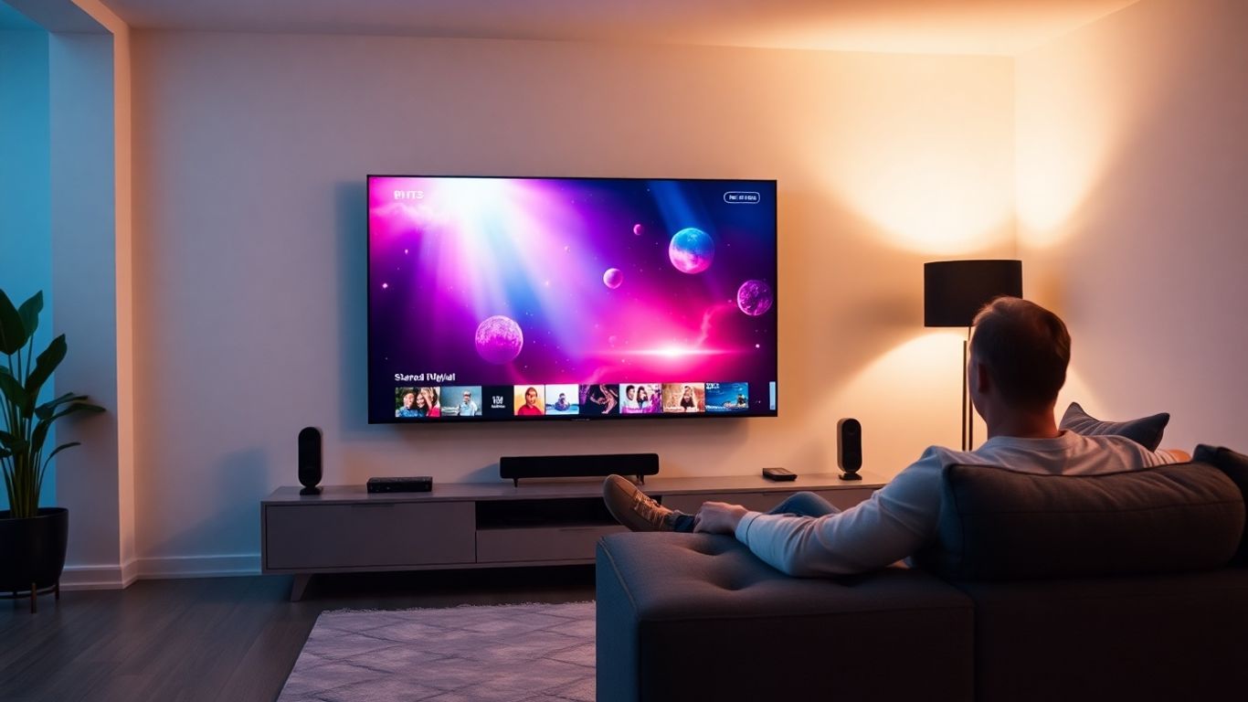 Modern living room with IPTV stream on TV.