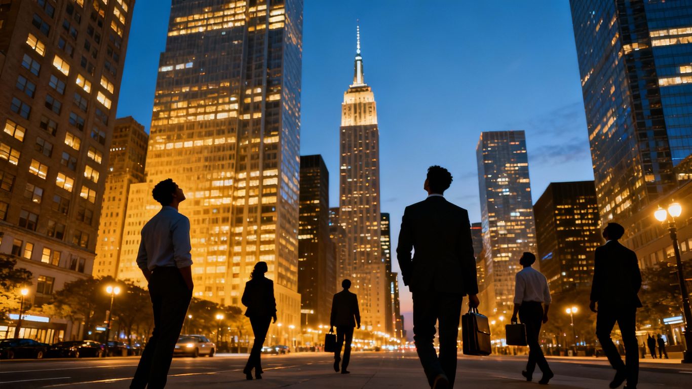 New York City skyline with IT professionals integrated.