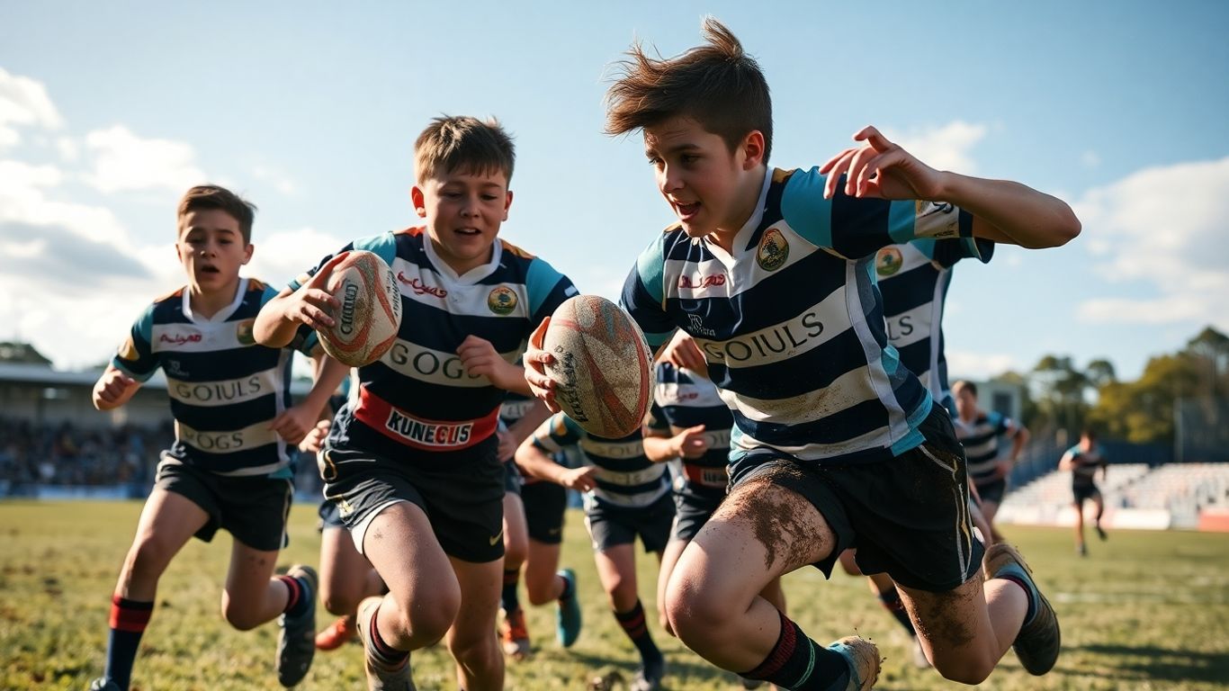 Schoolboy rugby league players in action during a match.