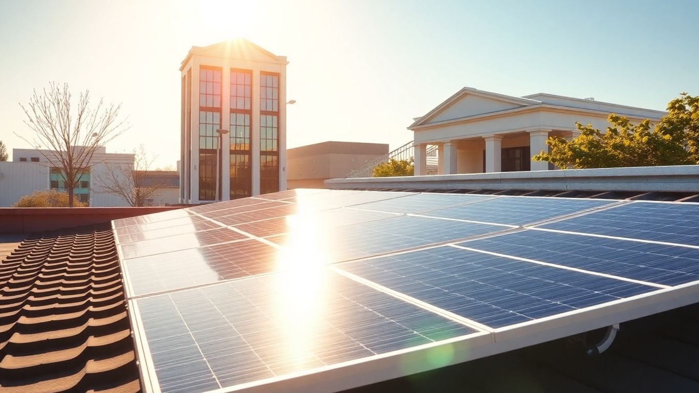 Solar panels on a rooftop with a bank building.