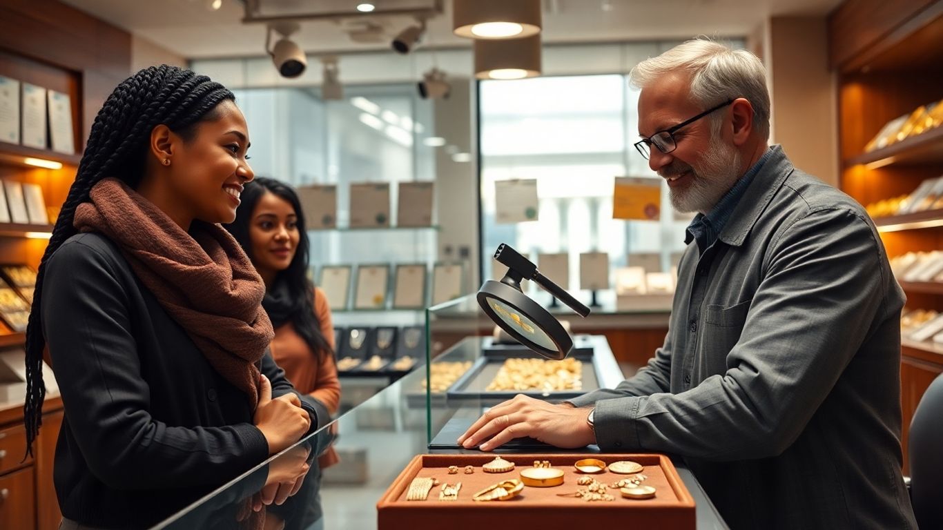 Jeweler examining gold for a customer in a shop