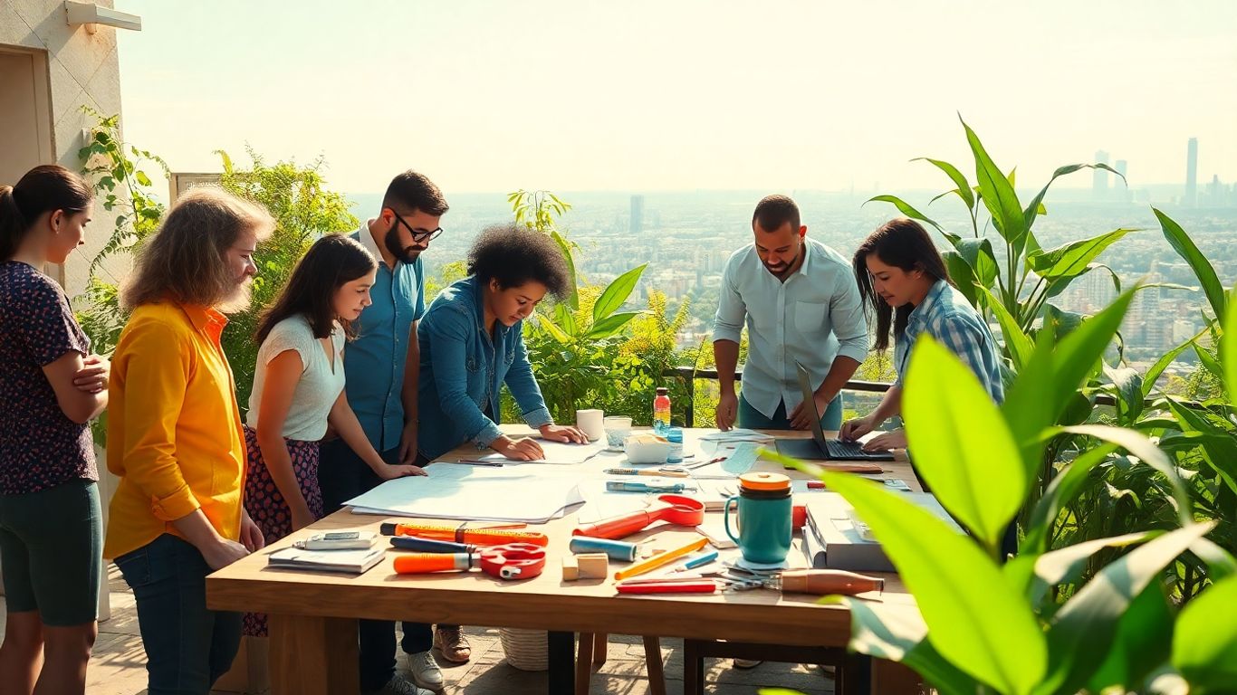 People planning business ideas with blueprints and tools.