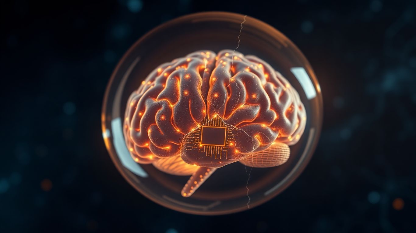 Cracked bubble surrounding a glowing AI brain, tech revolution fears.