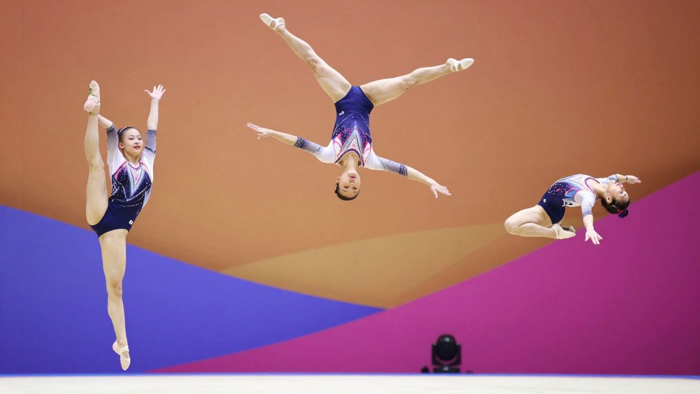 Acrobats and gymnasts performing mid-air routines.