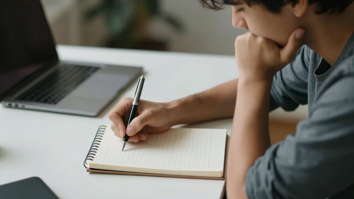 Person writing in a notebook, reflecting on thoughts.