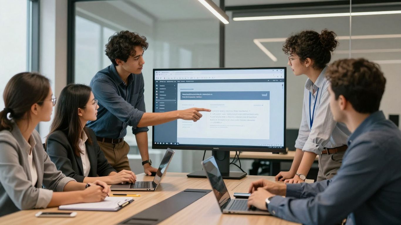 Team discussing online marketing strategy in a modern office.