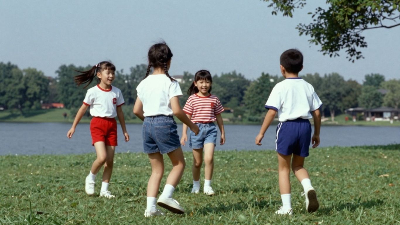 Schulkinder spielen im Freien im Sommer 1997.