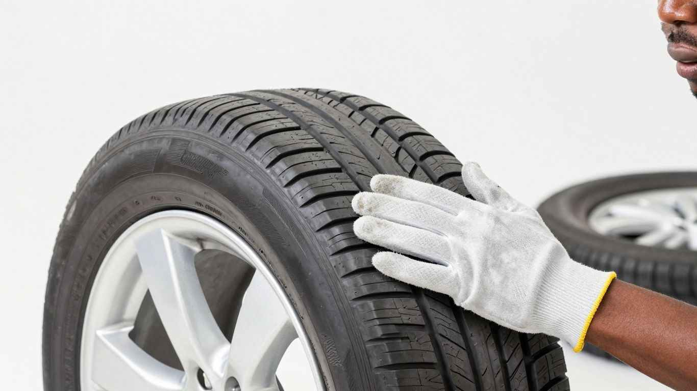 Subaru tire inspection and rotation close-up.