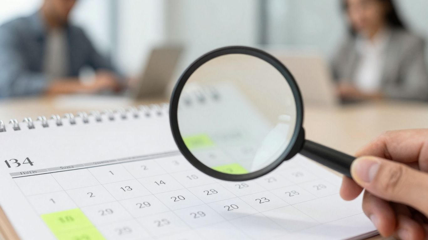 Calendar and clock with magnifying glass, planning time.