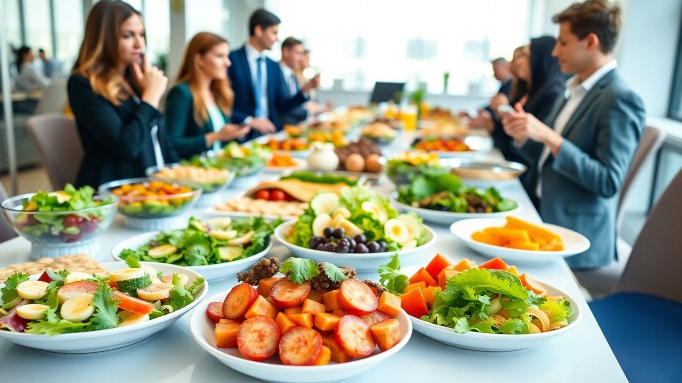 Office catering spread with colleagues enjoying food.