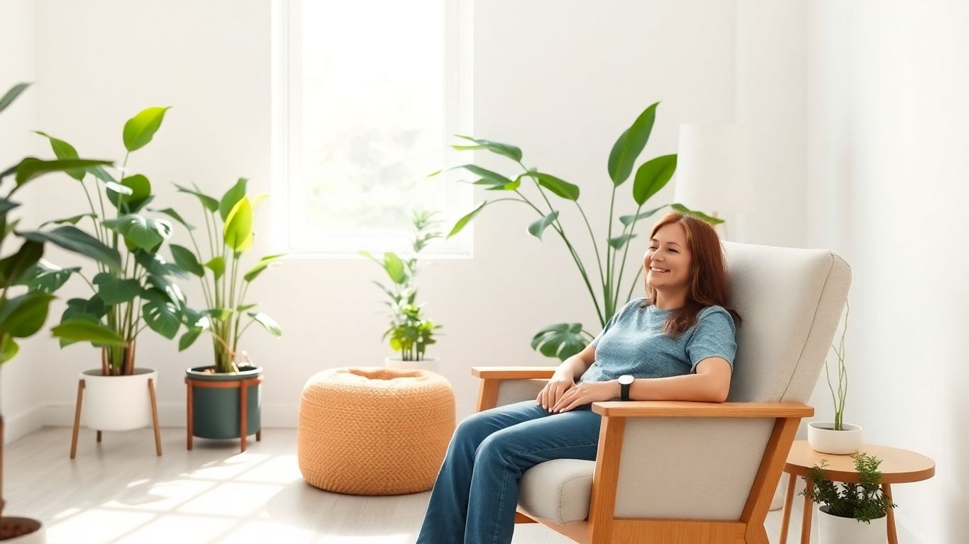 Relaxed patient in therapy room with therapist nearby