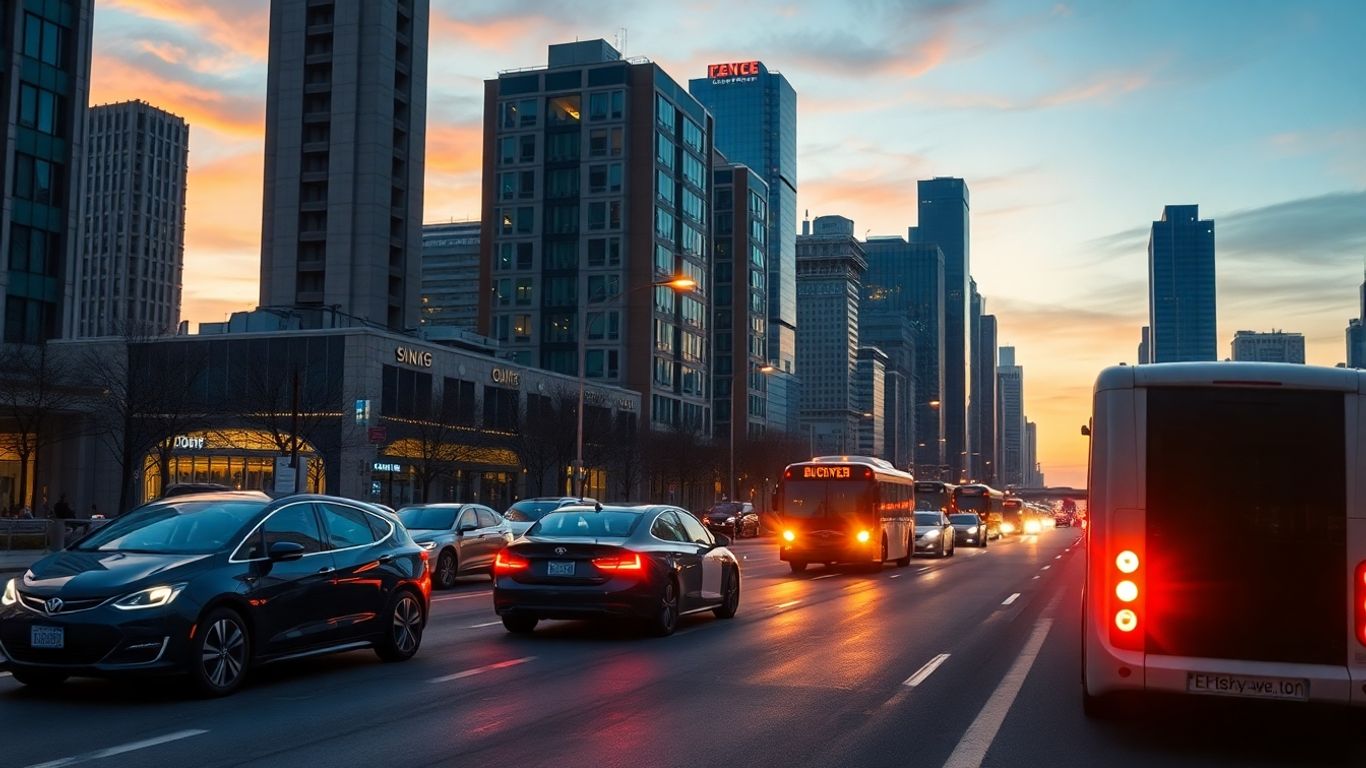Mașini electrice moderne pe o stradă urbană iluminată.