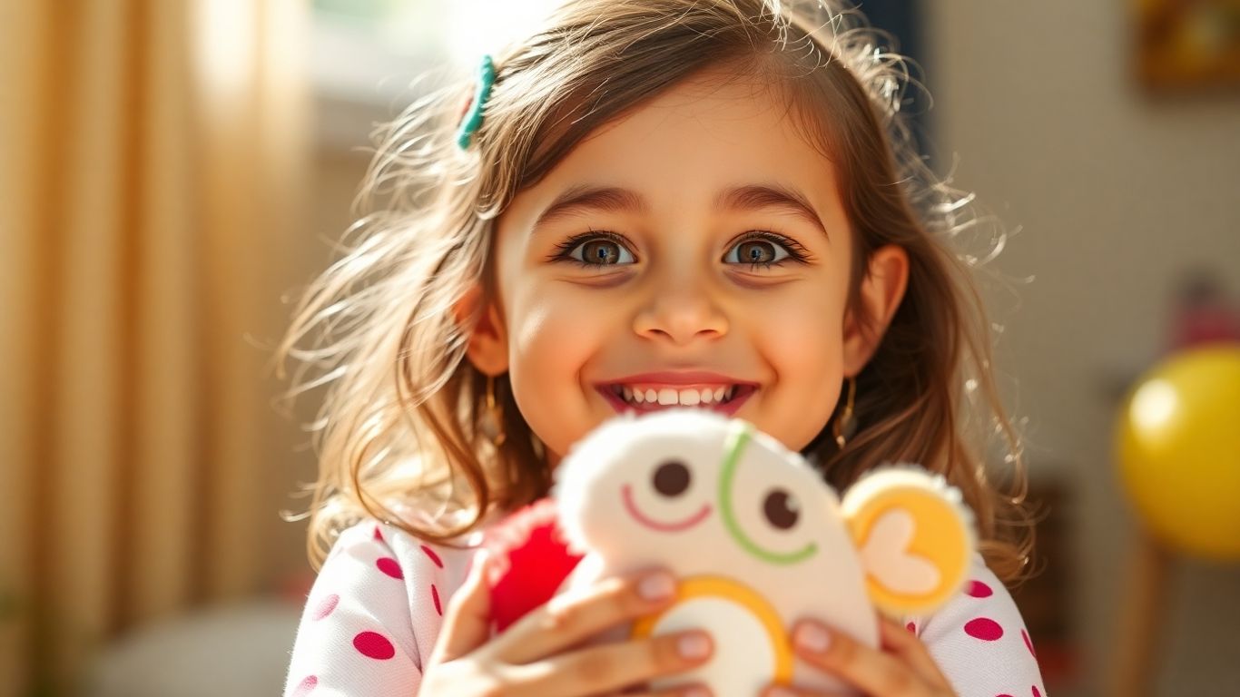 Happy girl playing with a colorful birthday toy.