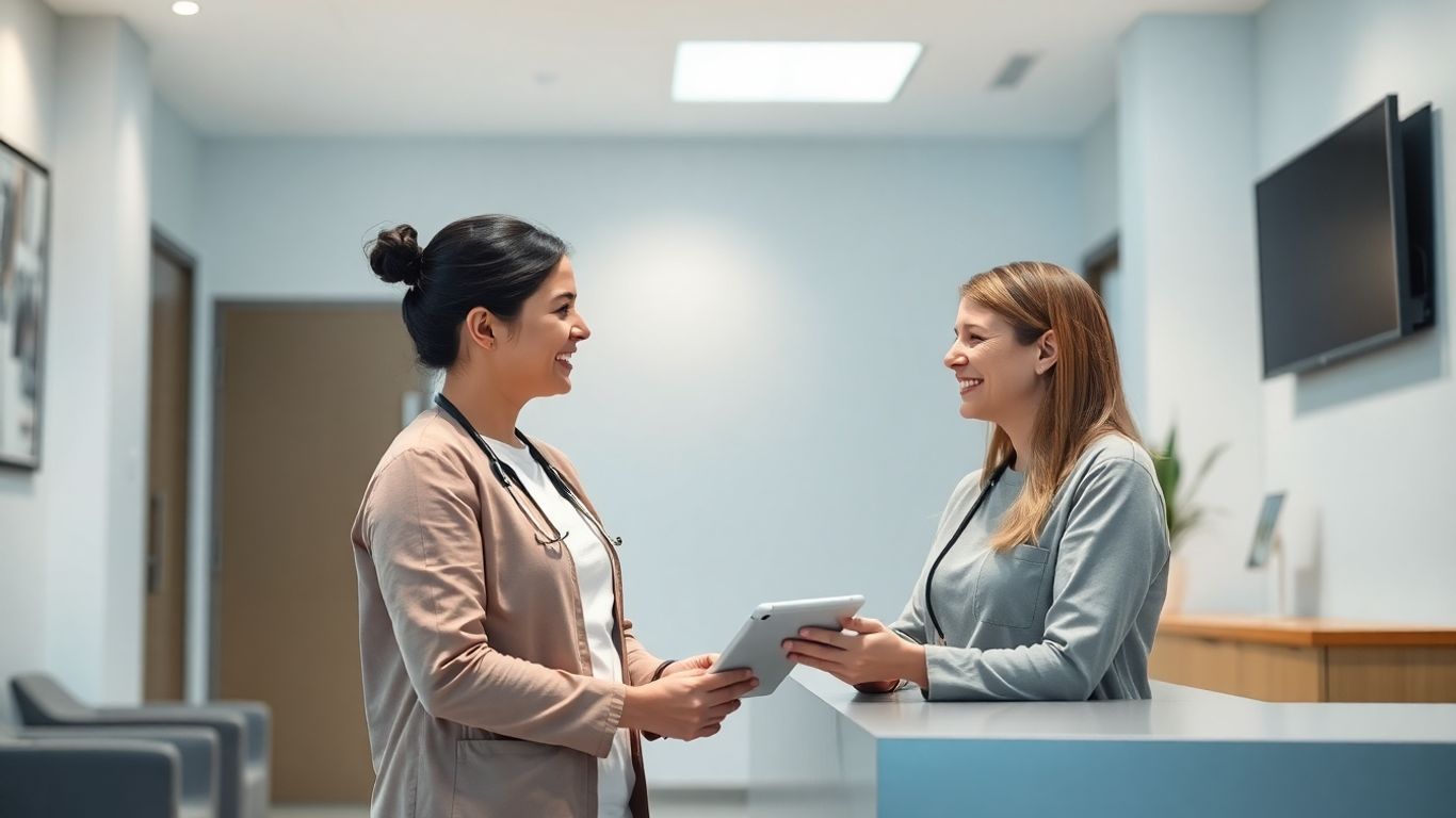Clinic staff member communicating with a patient.