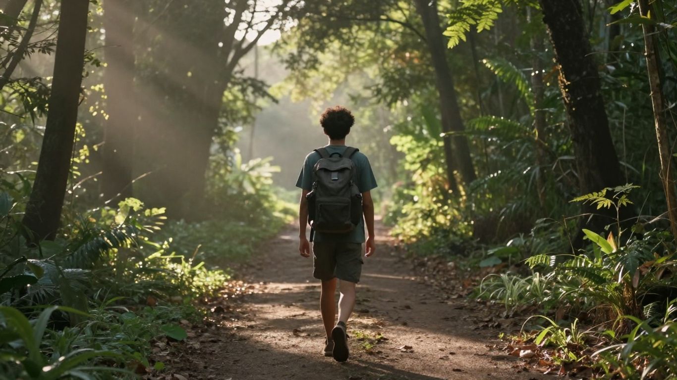 Tânăr pe o potecă în pădure la răsărit