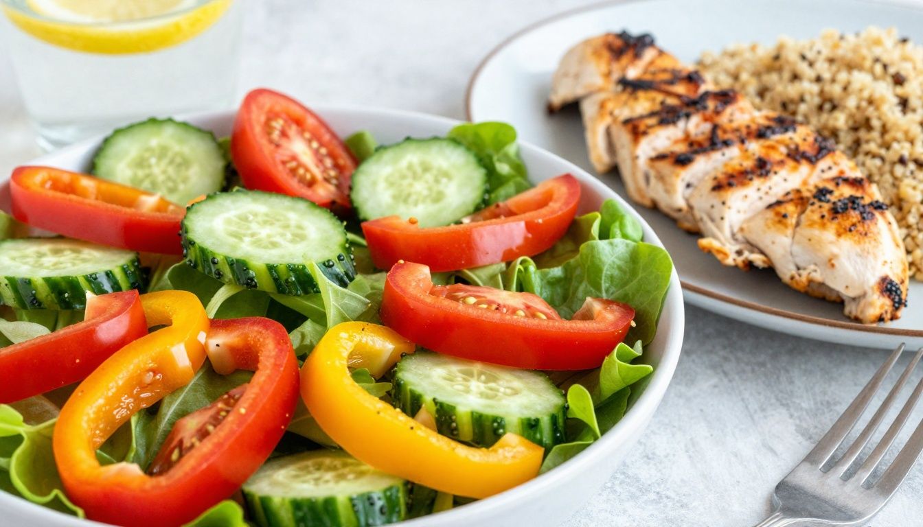 Healthy meal with salad, grilled chicken, and quinoa.