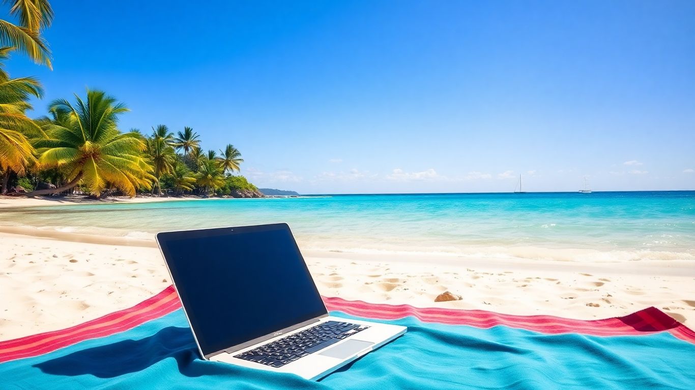 Laptop on beach blanket, Australia